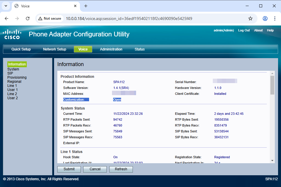 Cisco SPA112 Voice Setup Page